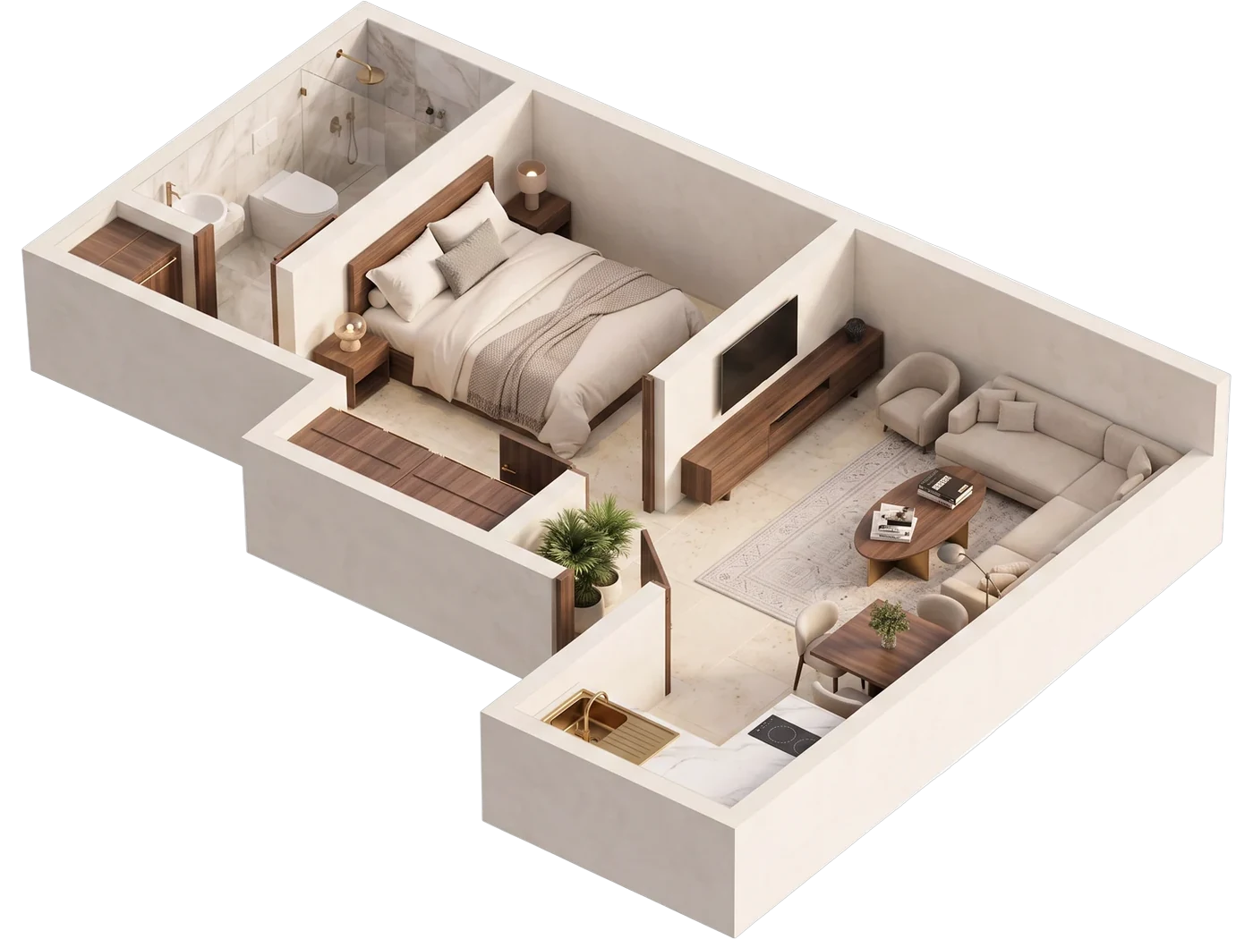 1 Bed · Type A — 3D layout