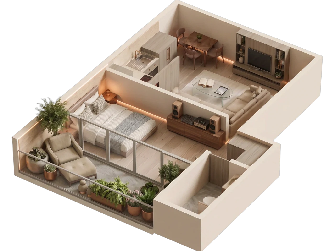 1 Bed · Type B — 3D layout