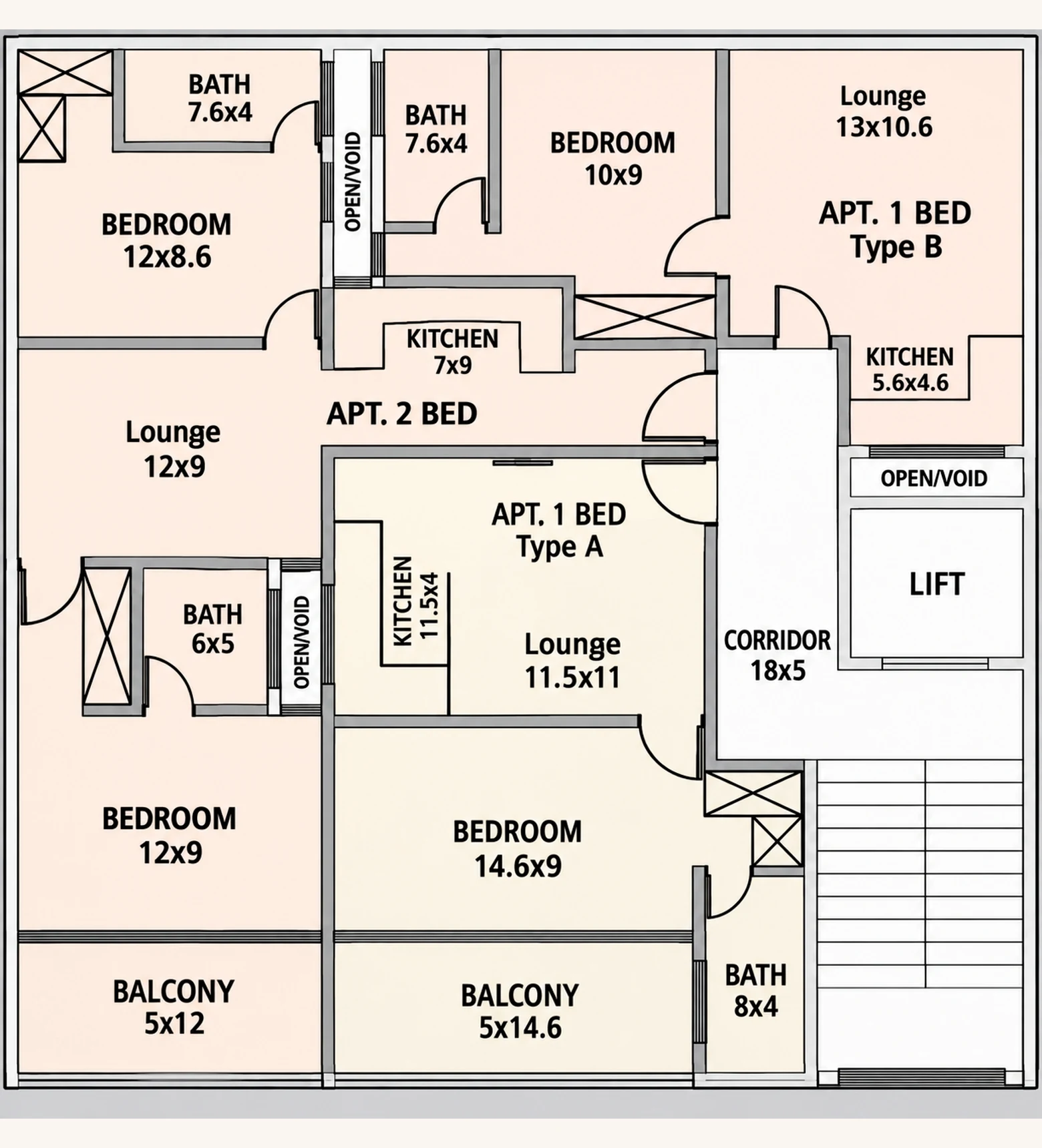 Typical residential floor — annotated layout with room sizes